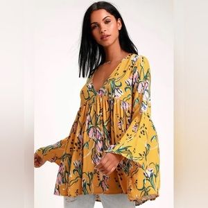 Free People Bella Golden Floral Bell Sleeve Blouse